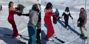 Kırmızı Elbiseli Kayakçıdan Gül Hediye Şovu!