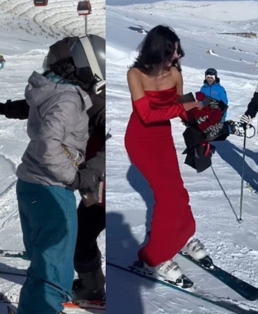 Kırmızı Elbiseli Kayakçıdan Gül Hediye Şovu!