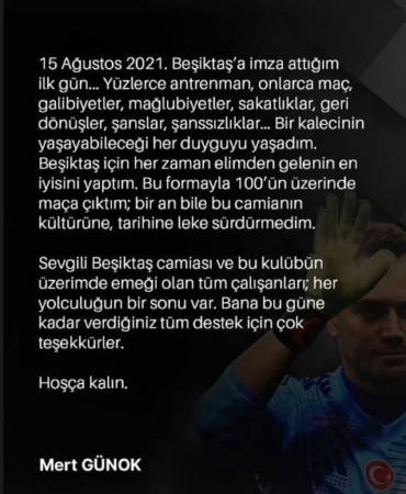 Mert Günok’tan Beşiktaş’a Duygusal Veda Mesajı